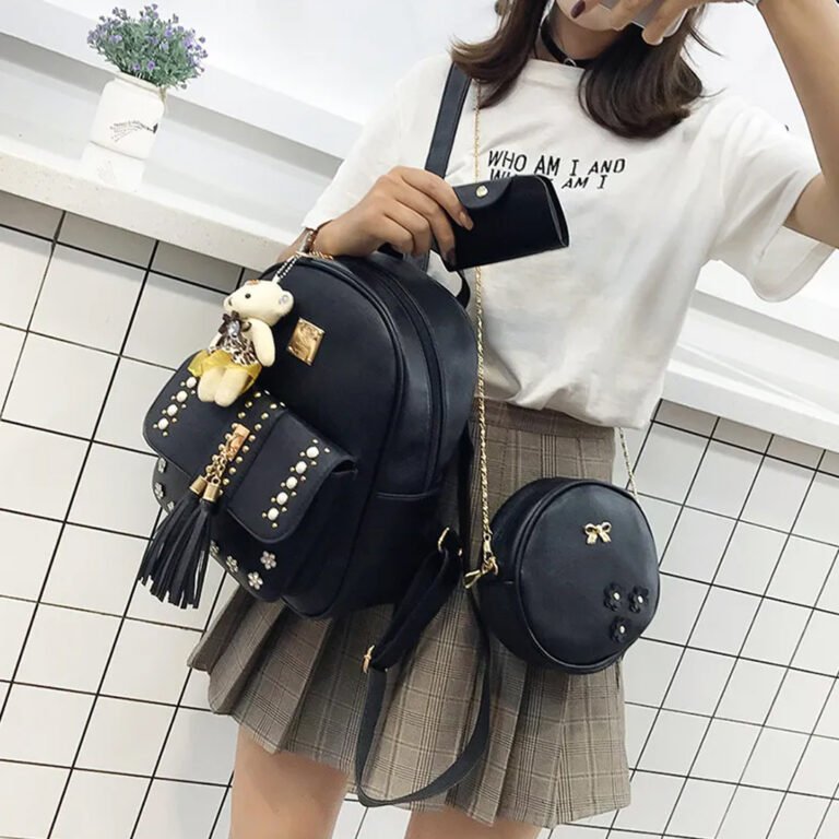 New Stylish Elegant Backpack For Ladies 3 pcs set Pink Bag.lk