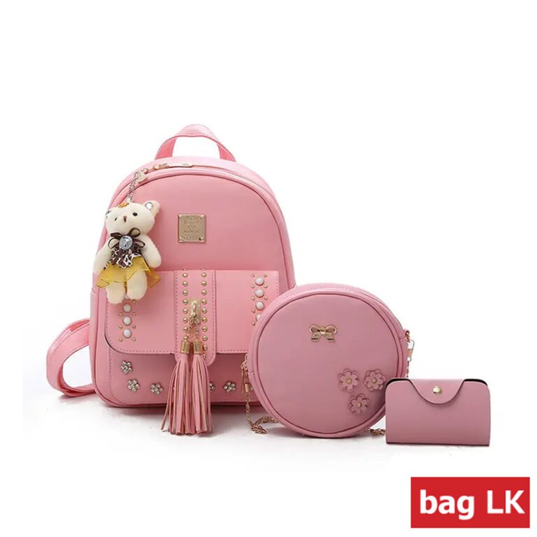 New Stylish Elegant Backpack For Ladies 3 pcs set Pink Bag.lk