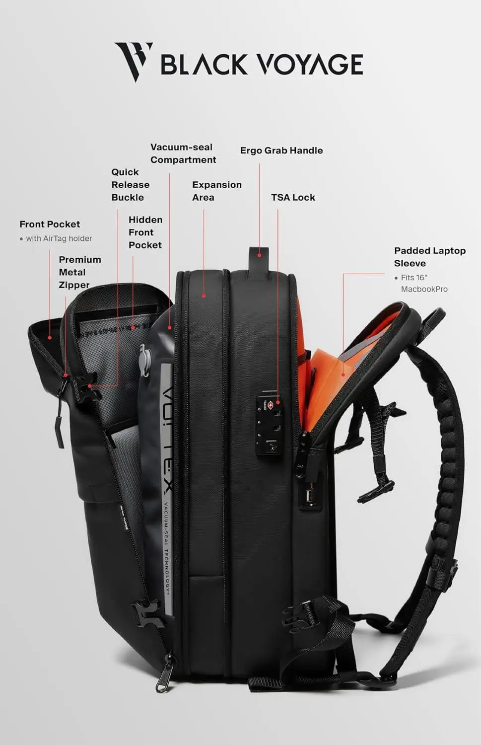 Vortex Vacuum Seal Travel Backpack 60L Expandable Air Compression System Water Resistant TSA Lock Carry-On Suitcase Luggage Black AERO - Vacuum Pump Included