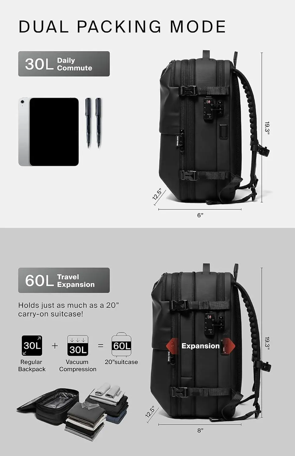Expandable Capacity This 60L backpack features an expandable design, allowing travelers to increase packing space efficiently, adapting to various trip lengths without compromising comfort.