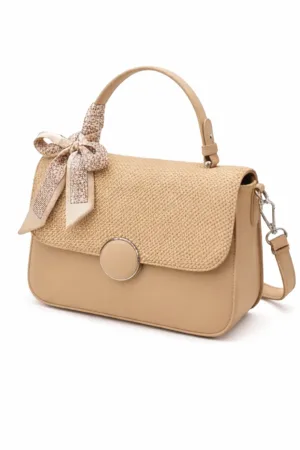 Women’s Textured Flap Handbag with Top Handle Beige | 61072-2 | 501006
